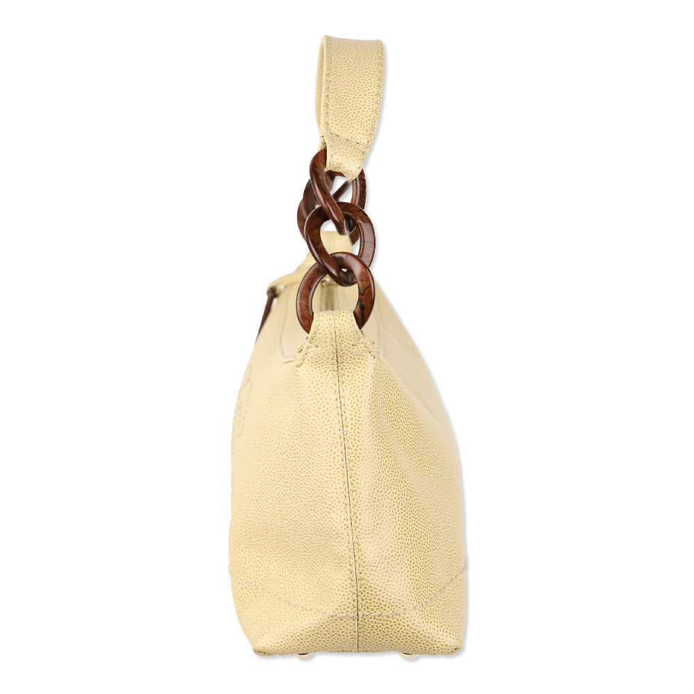 Chanel Beige Caviar Leather CC Wood Chain Hobo Bag
