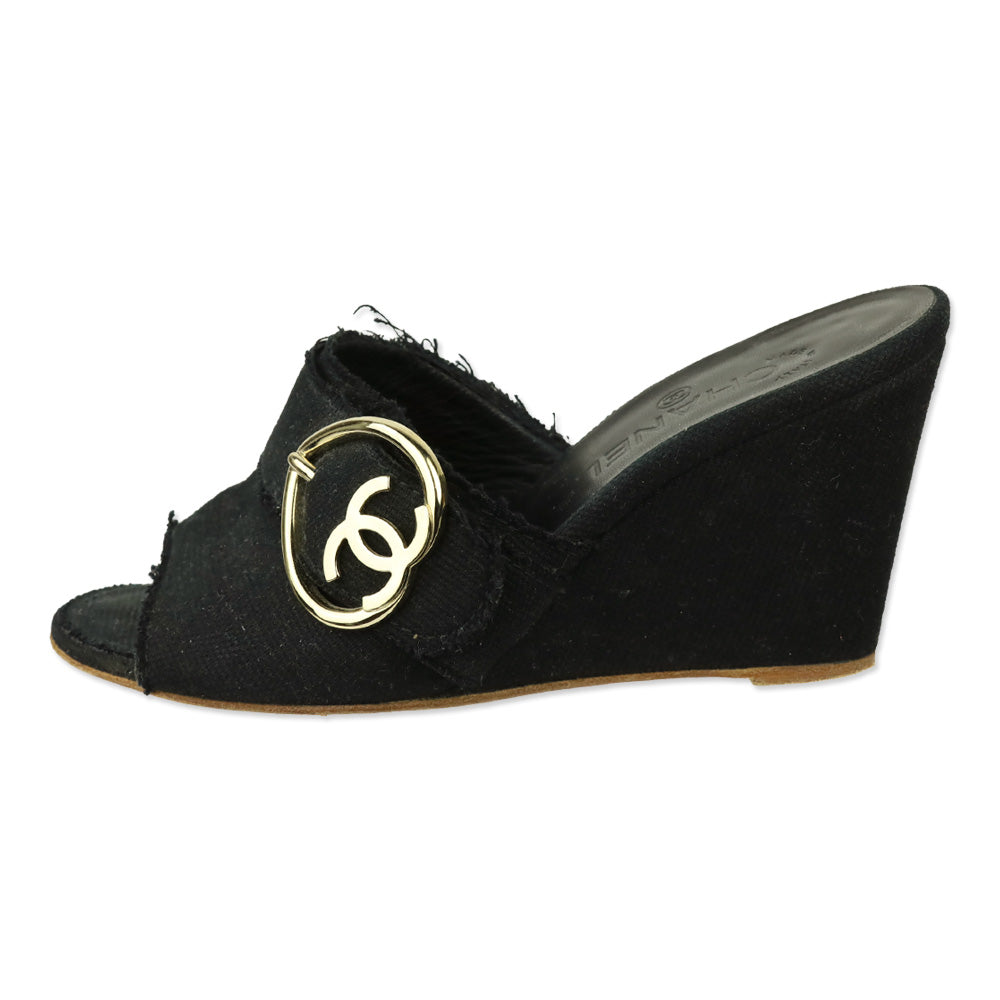 Chanel Black Canvas Heart CC Heart Buckle Wedge Slide Sandal