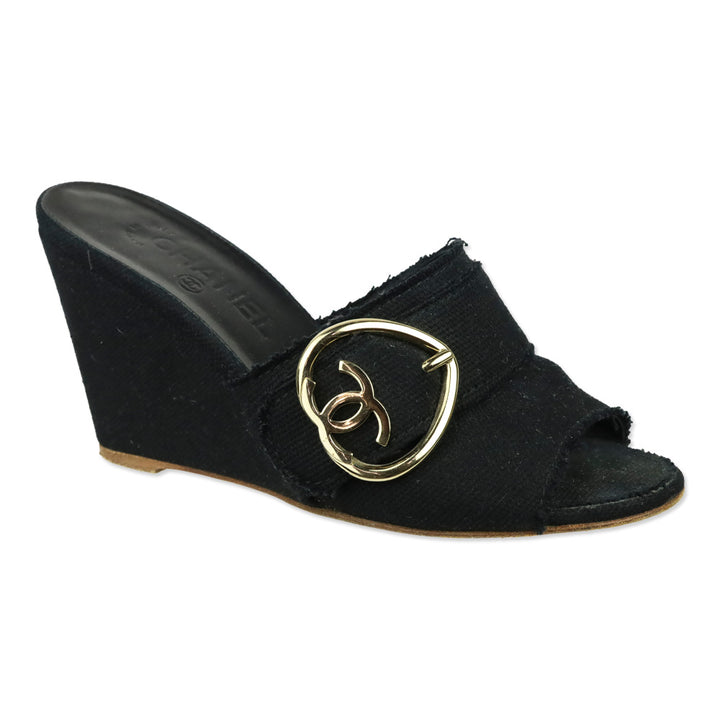 Chanel Black Canvas Heart CC Heart Buckle Wedge Slide Sandal