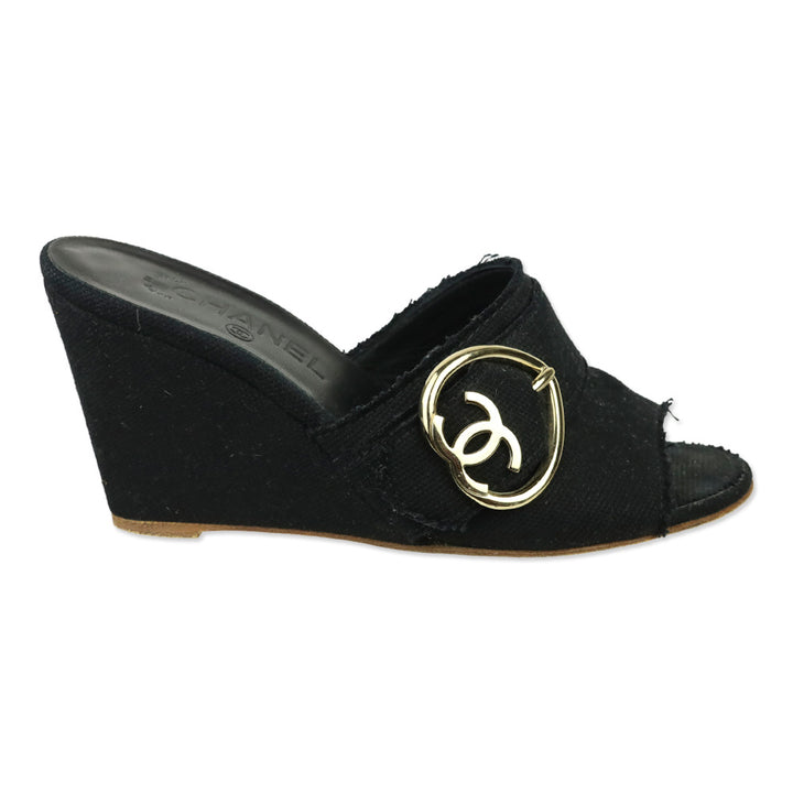 Chanel Black Canvas Heart CC Heart Buckle Wedge Slide Sandal