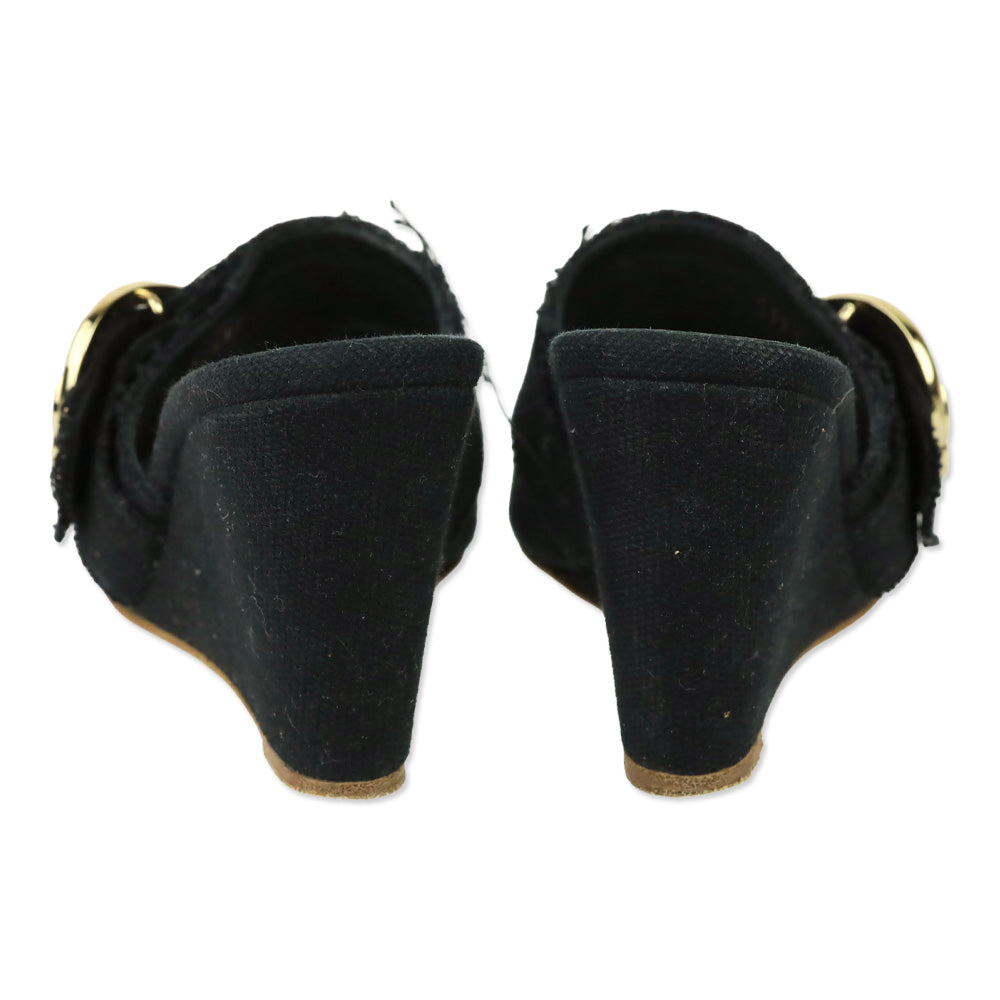 Chanel Black Canvas Heart CC Heart Buckle Wedge Slide Sandal