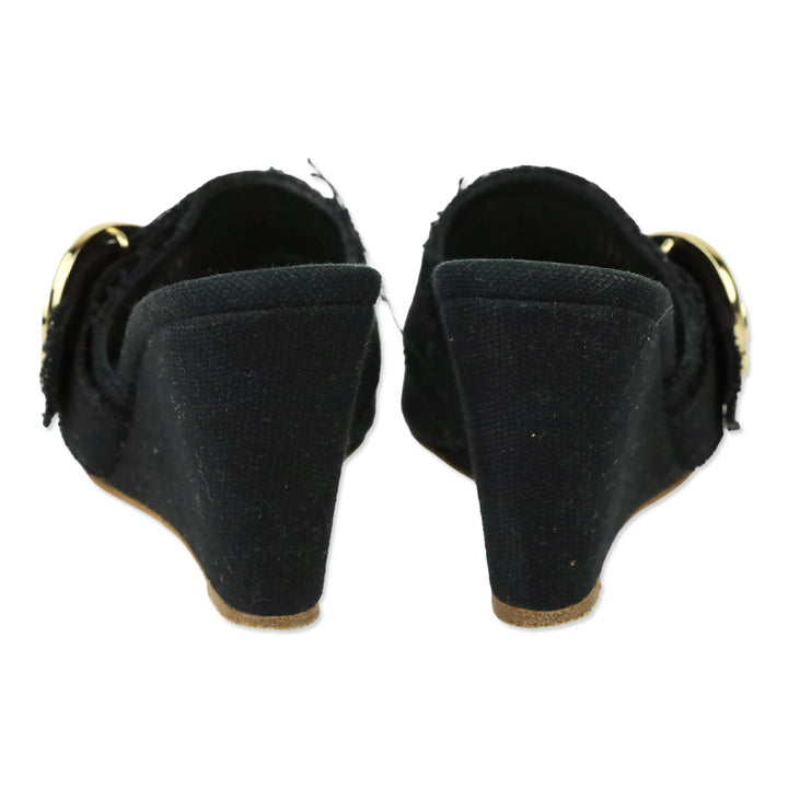 Chanel Black Canvas Heart CC Heart Buckle Wedge Slide Sandal