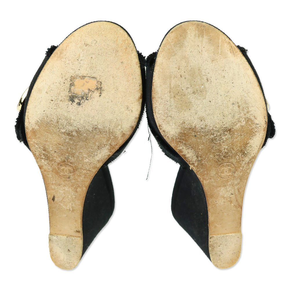 Chanel Black Canvas Heart CC Heart Buckle Wedge Slide Sandal