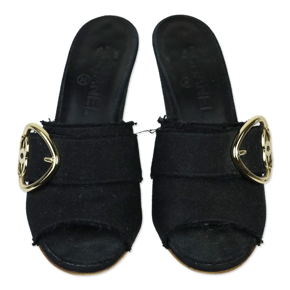 Chanel Black Canvas Heart CC Heart Buckle Wedge Slide Sandal