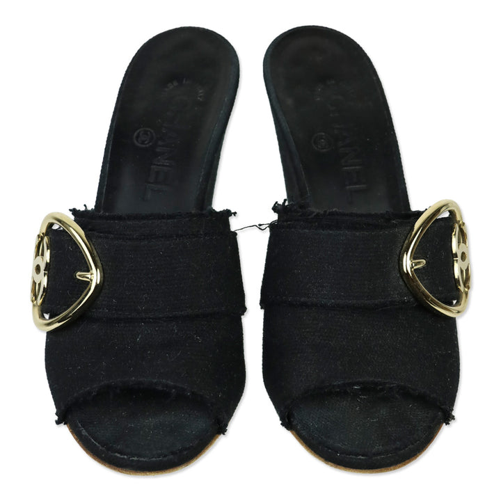 Chanel Black Canvas Heart CC Heart Buckle Wedge Slide Sandal