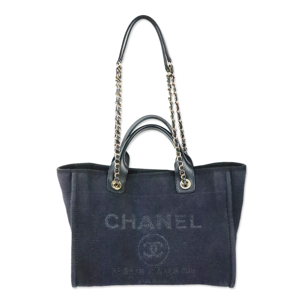 Chanel Black Canvas & Gold-Tone Metal Small Deauville Shopping Bag