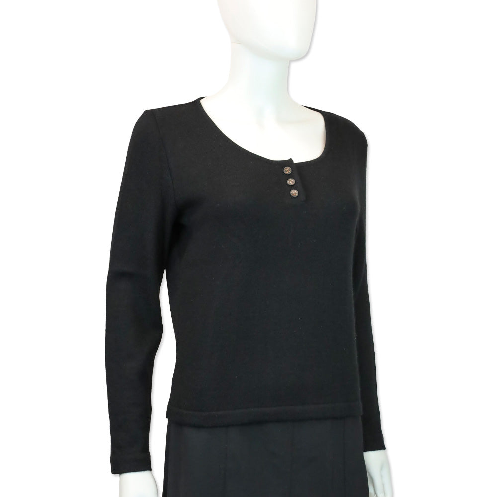 Chanel Black Cashmere Silk Knit Long Sleeve Henley Top