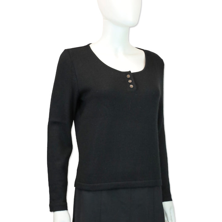 Chanel Black Cashmere Silk Knit Long Sleeve Henley Top