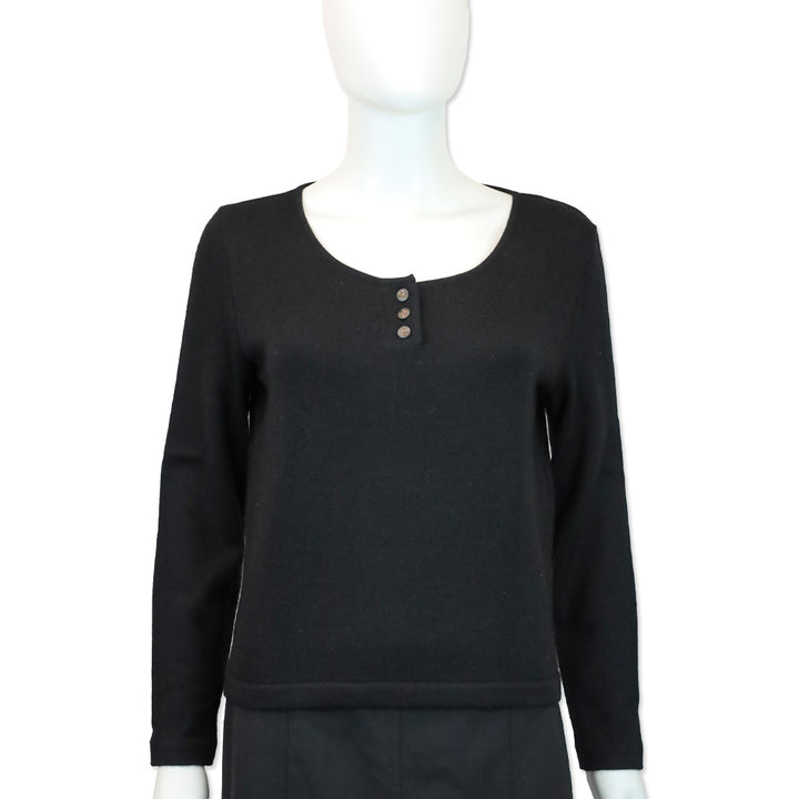 Chanel Black Cashmere Silk Knit Long Sleeve Henley Top