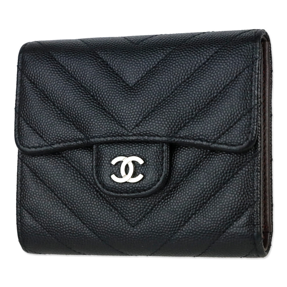 Chanel Black Caviar Chevron Quilted Leather Trifold Wallet