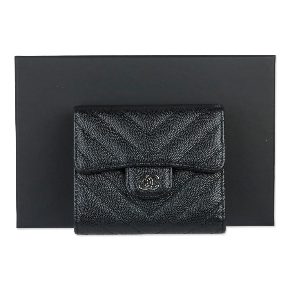 Chanel Black Caviar Chevron Quilted Leather Trifold Wallet