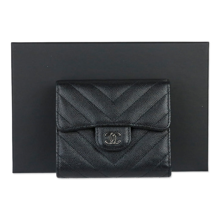 Chanel Black Caviar Chevron Quilted Leather Trifold Wallet
