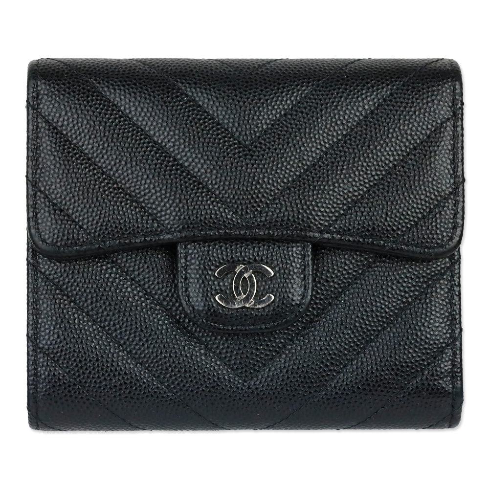 Chanel Black Caviar Chevron Quilted Leather Trifold Wallet