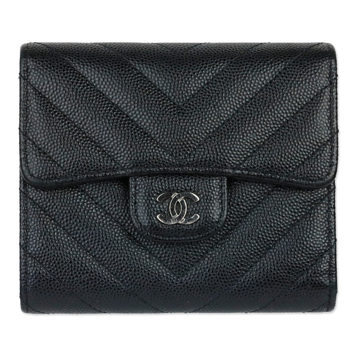 Chanel Black Caviar Chevron Quilted Leather Trifold Wallet
