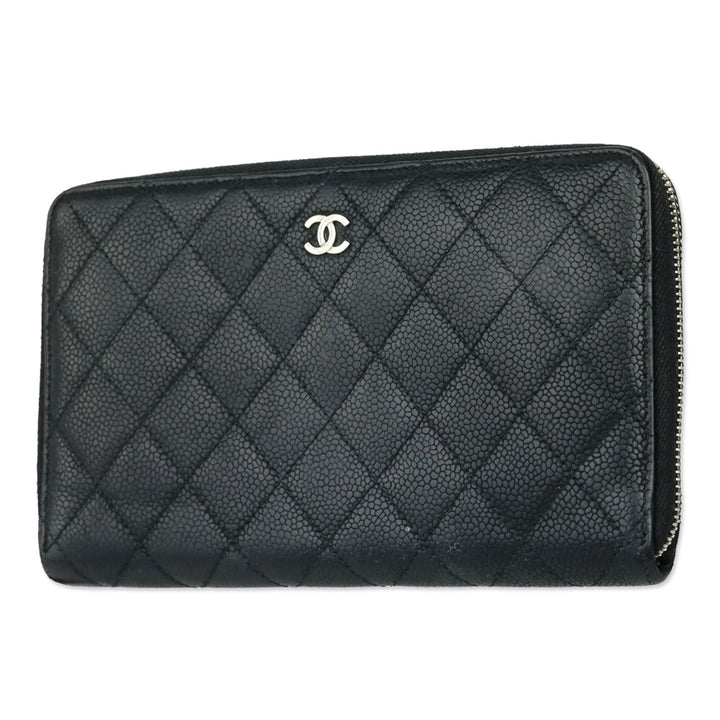 Chanel Black Caviar Quilted Zip Around Wallet