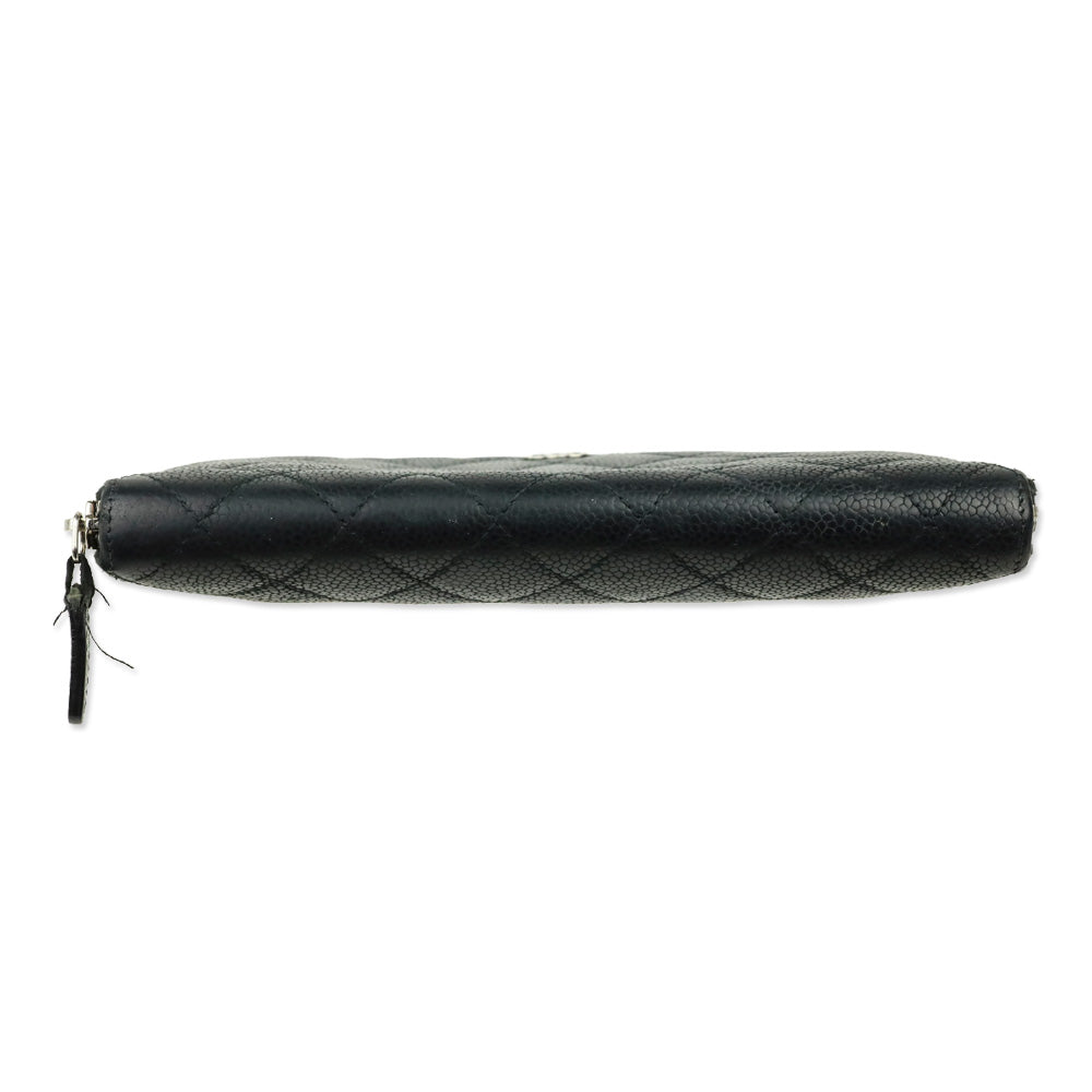 Chanel Black Caviar Quilted Zip Around Wallet