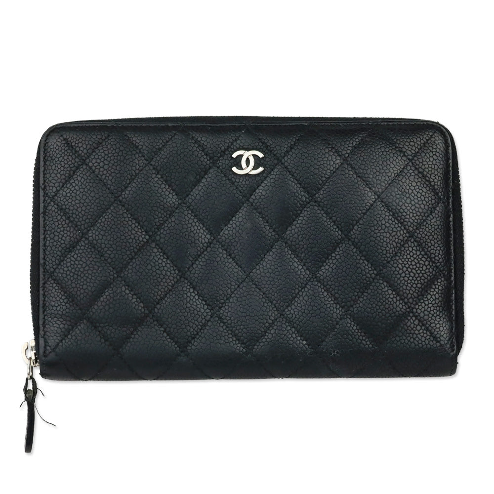 Chanel Black Caviar Quilted Zip Around Wallet