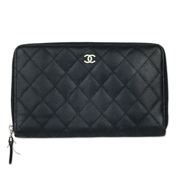 Chanel Black Caviar Quilted Zip Around Wallet