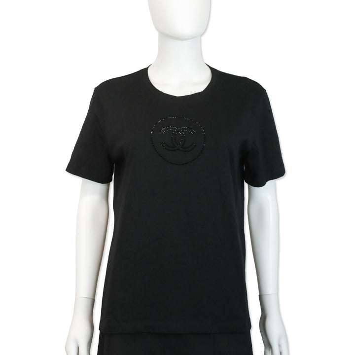 Chanel Black Cotton Rhinestone CC Logo T-Shirt