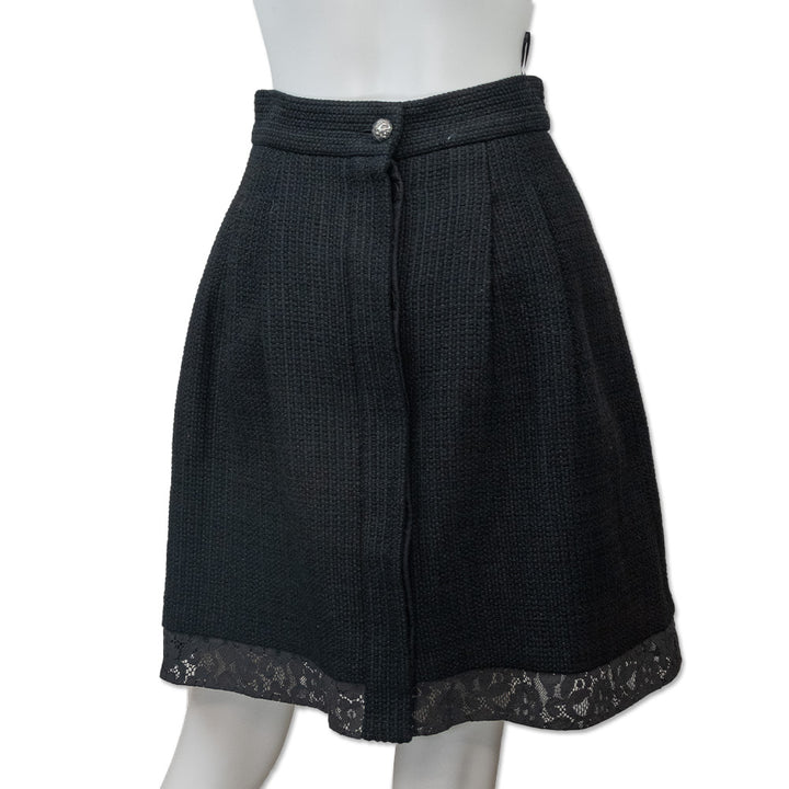 Chanel Black Cotton Tweed Lace Trim Pleated Skirt