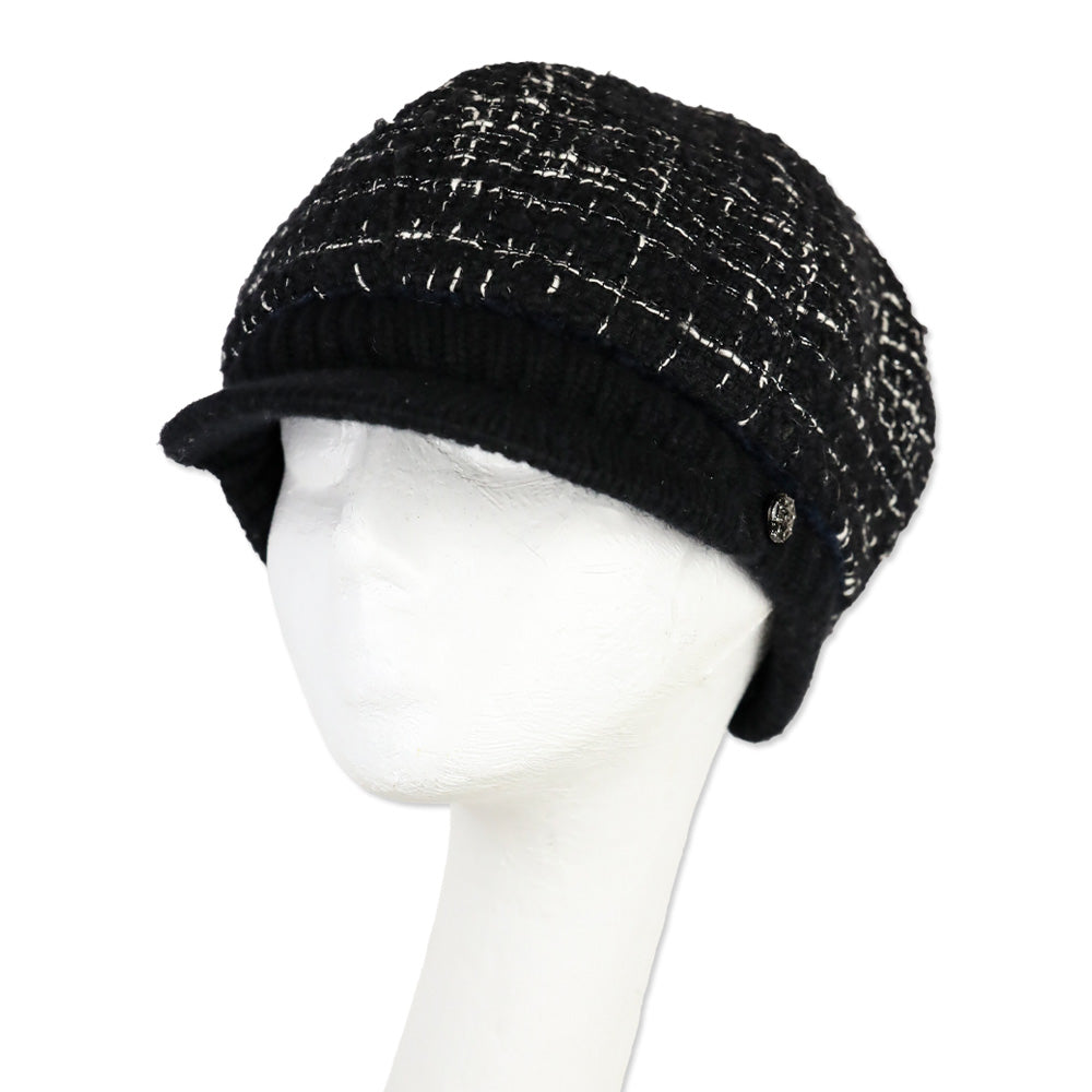 Chanel Black Knit Tweed Newsboy Cap