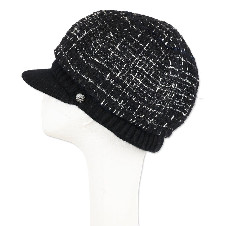 Chanel Black Knit Tweed Newsboy Cap