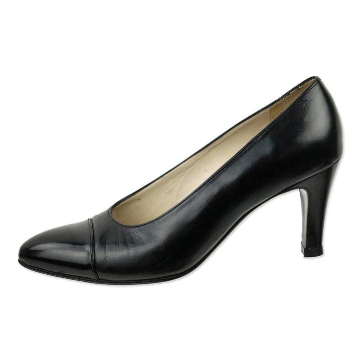 Chanel Black Lambskin Leather Glossy Cap Toe Pumps