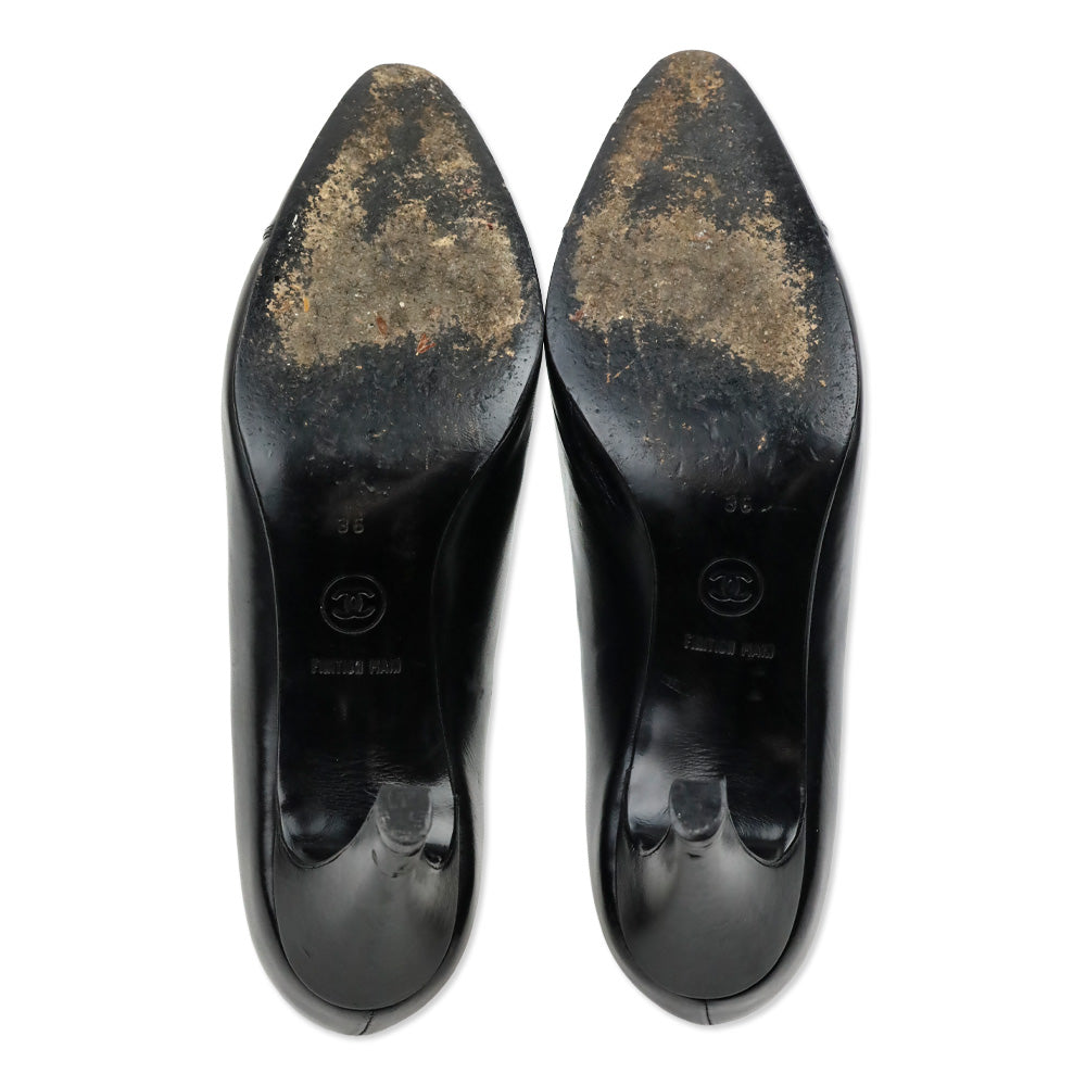 Chanel Black Lambskin Leather Glossy Cap Toe Pumps