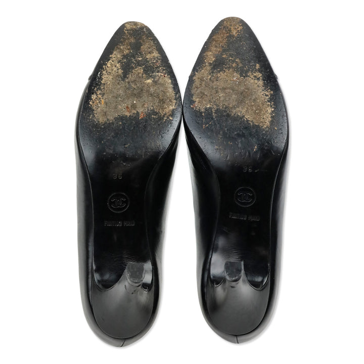 Chanel Black Lambskin Leather Glossy Cap Toe Pumps