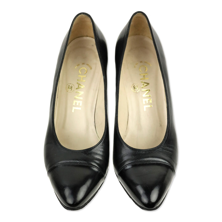 Chanel Black Lambskin Leather Glossy Cap Toe Pumps
