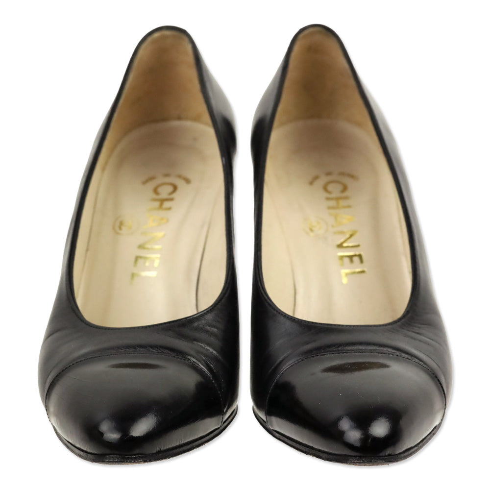 Chanel Black Lambskin Leather Glossy Cap Toe Pumps