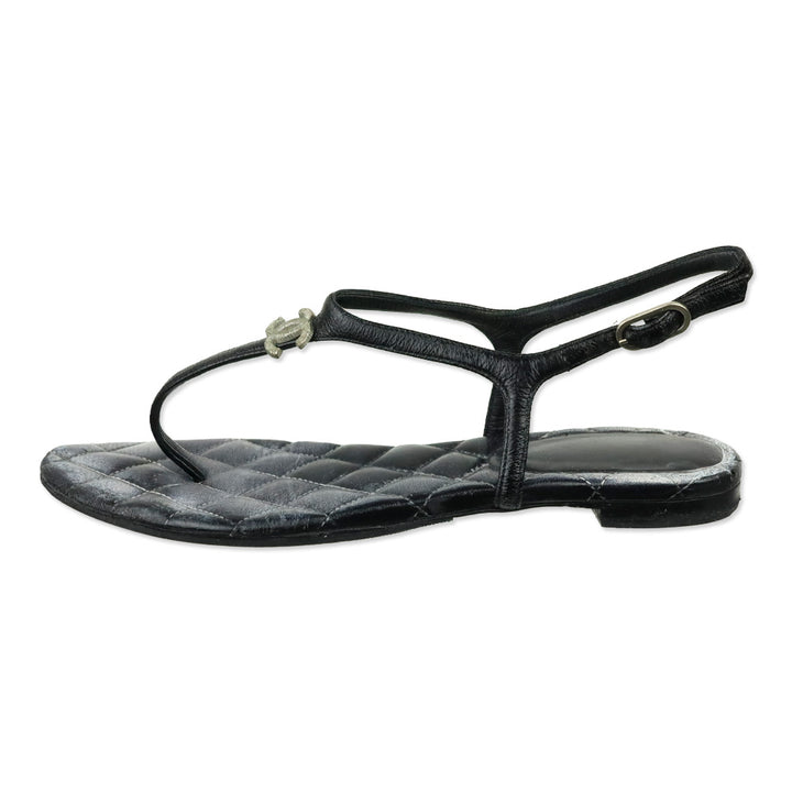 Chanel Black Leather CC Thong Sandals