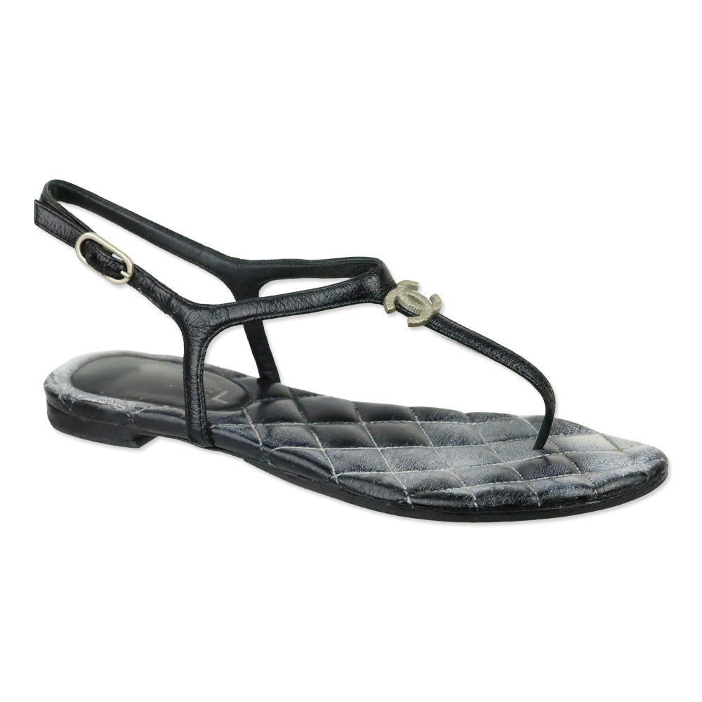 Chanel Black Leather CC Thong Sandals