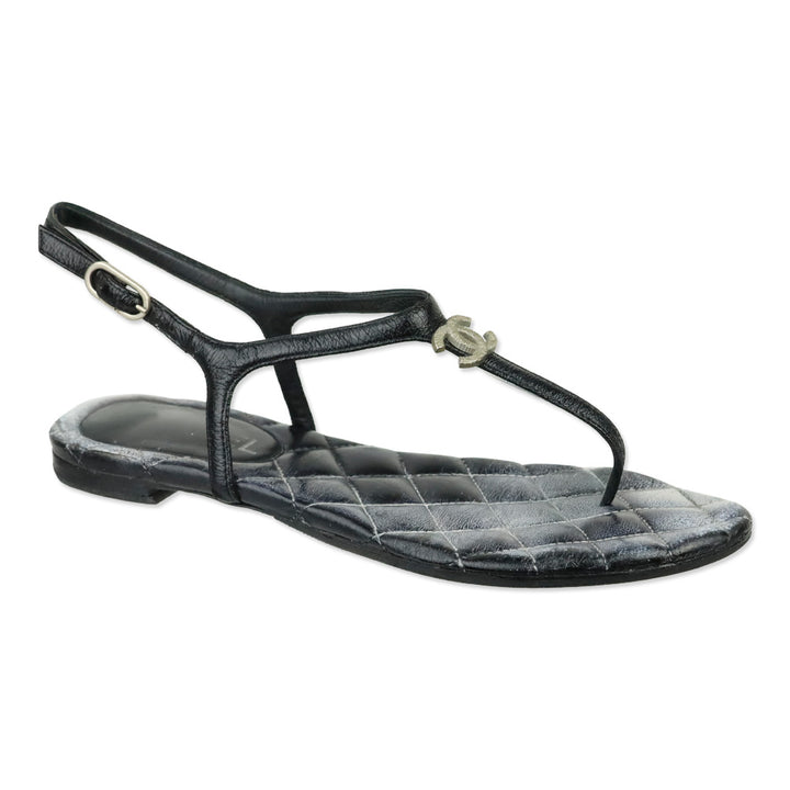 Chanel Black Leather CC Thong Sandals