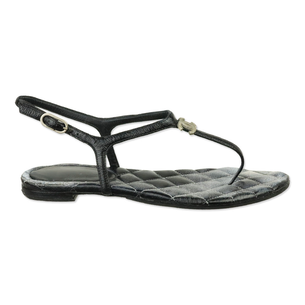 Chanel Black Leather CC Thong Sandals