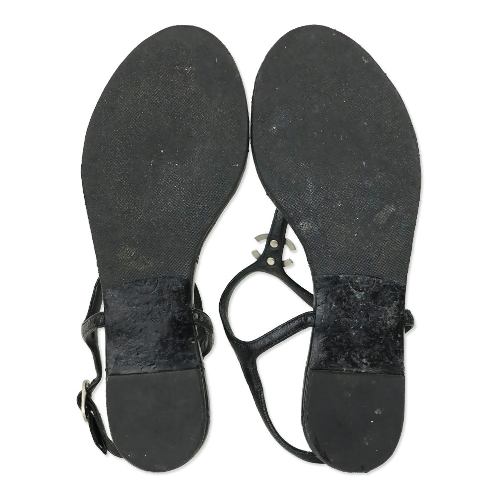 Chanel Black Leather CC Thong Sandals