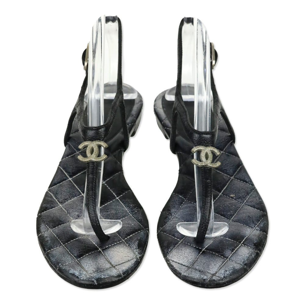 Chanel Black Leather CC Thong Sandals