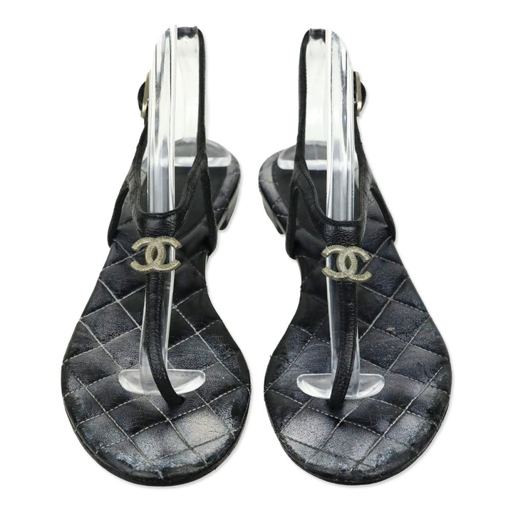 Chanel Black Leather CC Thong Sandals