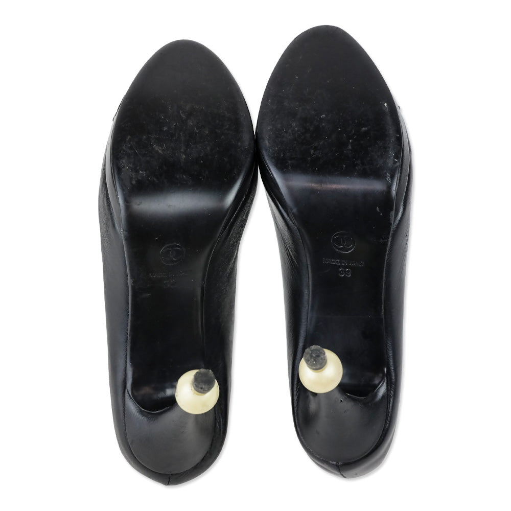 Chanel Black Leather Camellia Flower Appliqué Pearl Caviar Platform Pump