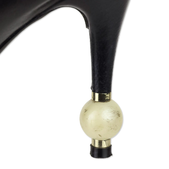 Chanel Black Leather Camellia Flower Appliqué Pearl Caviar Platform Pump