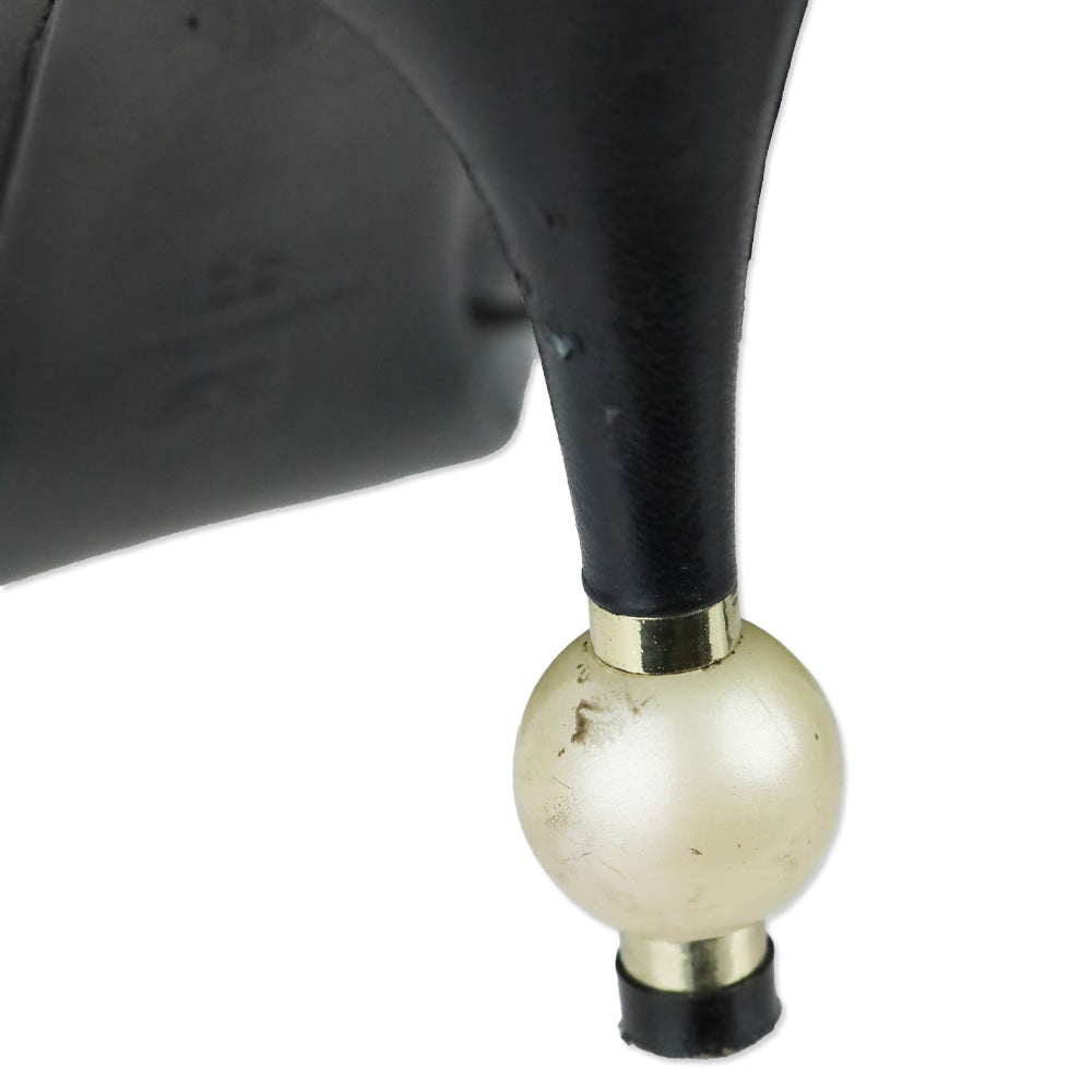 Chanel Black Leather Camellia Flower Appliqué Pearl Caviar Platform Pump