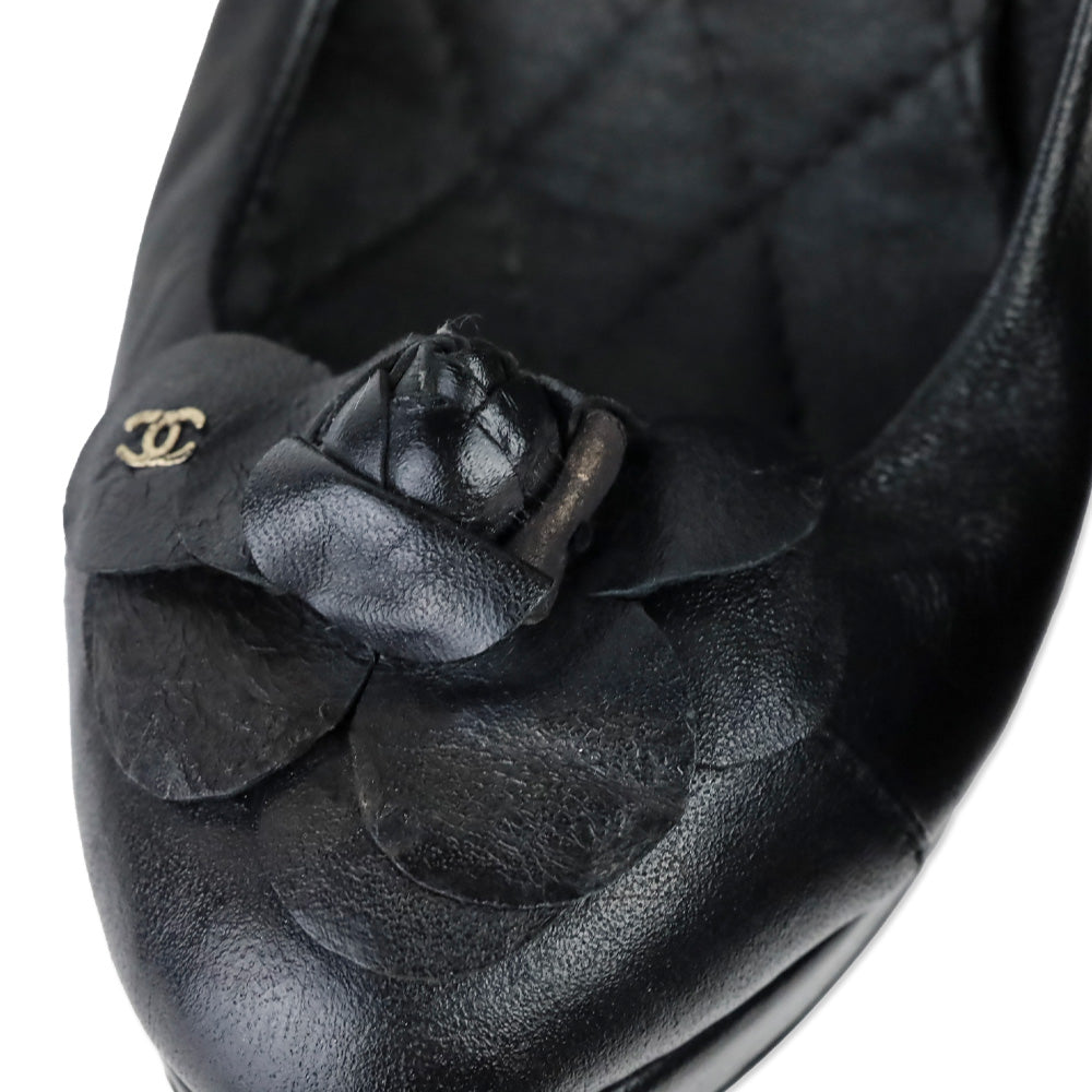 Chanel Black Leather Camellia Flower Appliqué Pearl Caviar Platform Pump