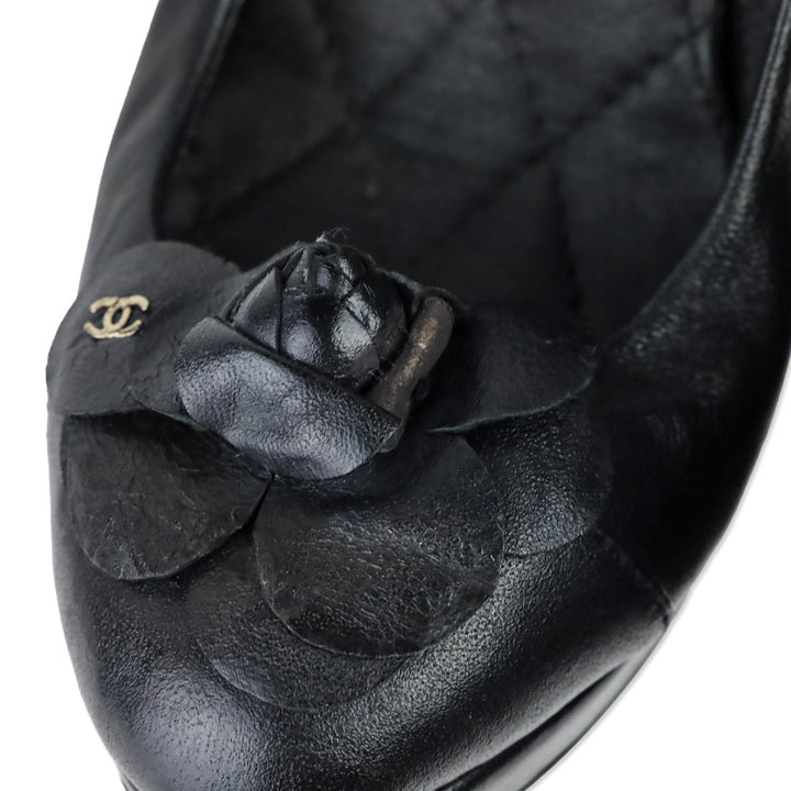 Chanel Black Leather Camellia Flower Appliqué Pearl Caviar Platform Pump