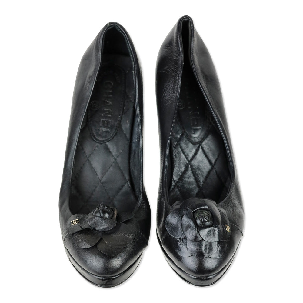 Chanel Black Leather Camellia Flower Appliqué Pearl Caviar Platform Pump