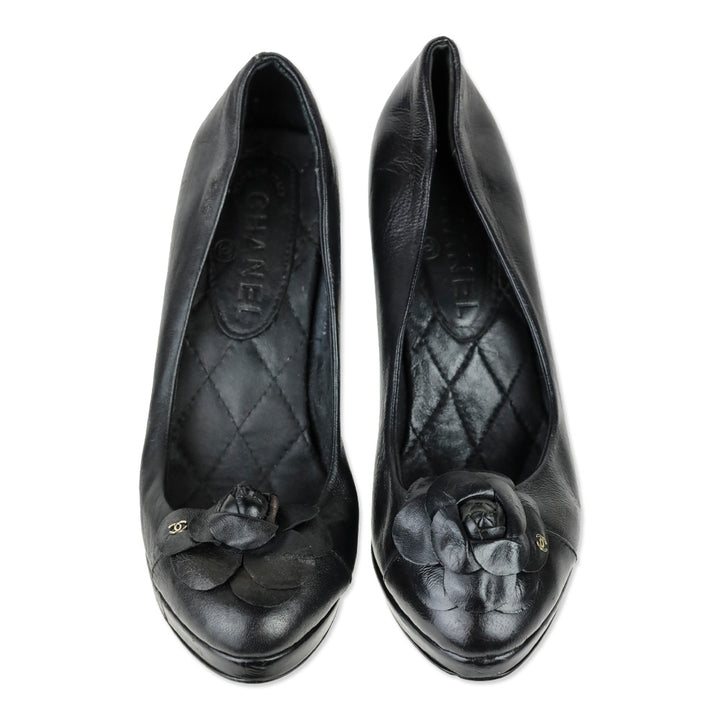 Chanel Black Leather Camellia Flower Appliqué Pearl Caviar Platform Pump
