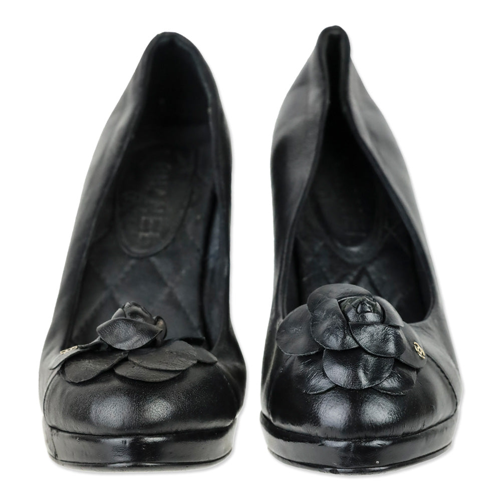 Chanel Black Leather Camellia Flower Appliqué Pearl Caviar Platform Pump