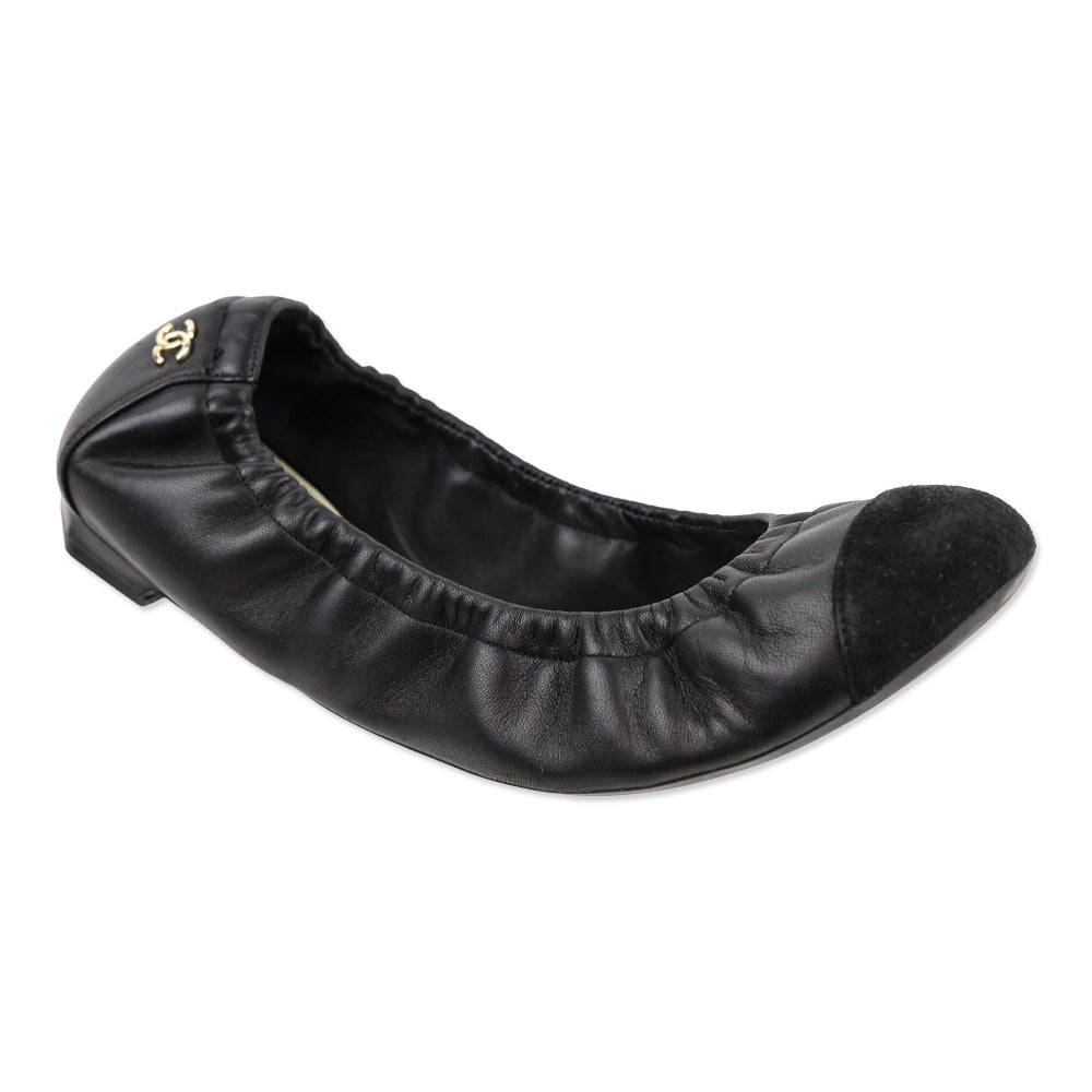 Chanel Black Leather Cap-Toe Stretch Ballet Flats