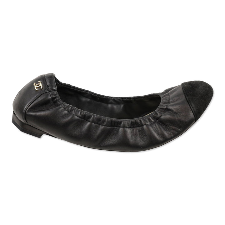 Chanel Black Leather Cap-Toe Stretch Ballet Flats