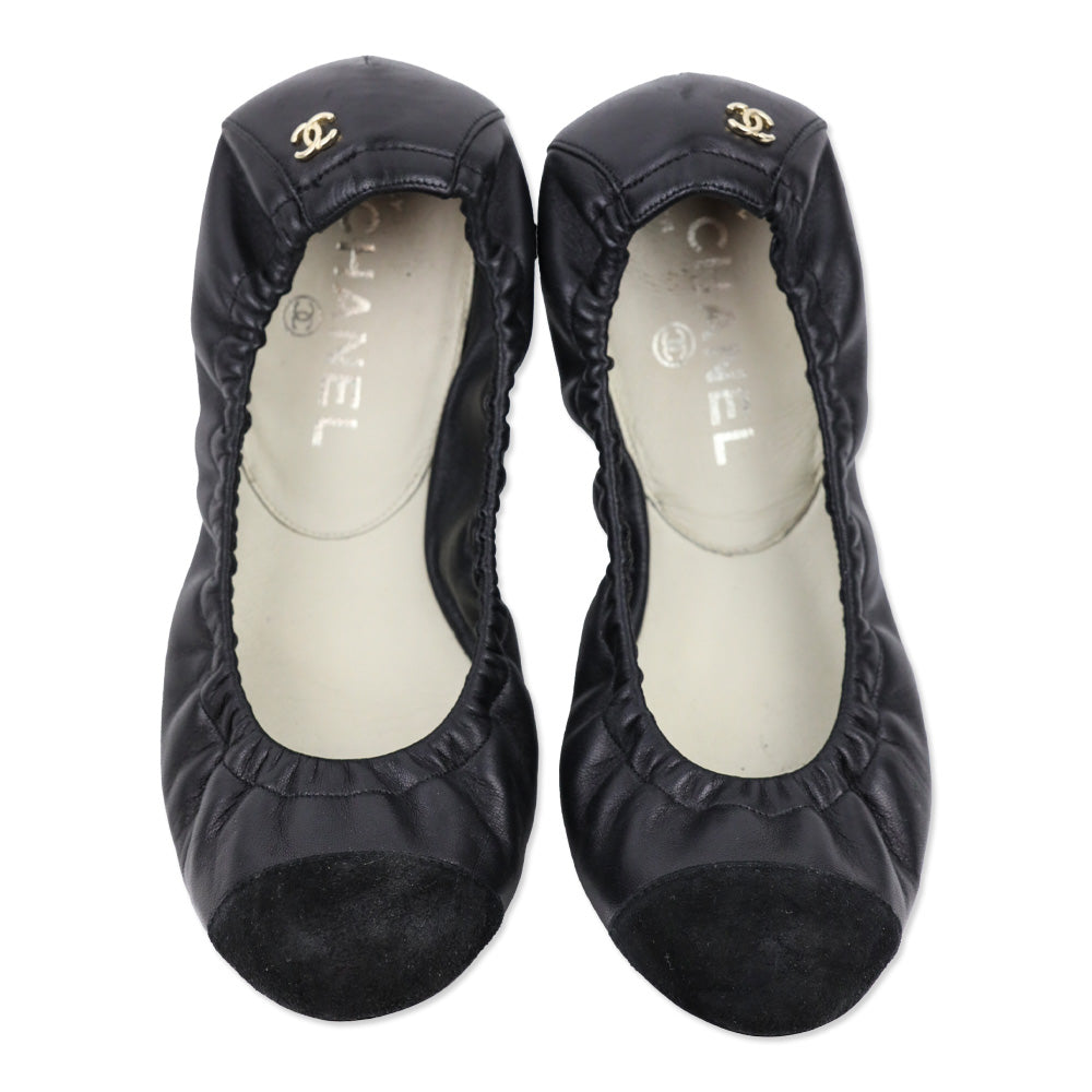Chanel Black Leather Cap-Toe Stretch Ballet Flats
