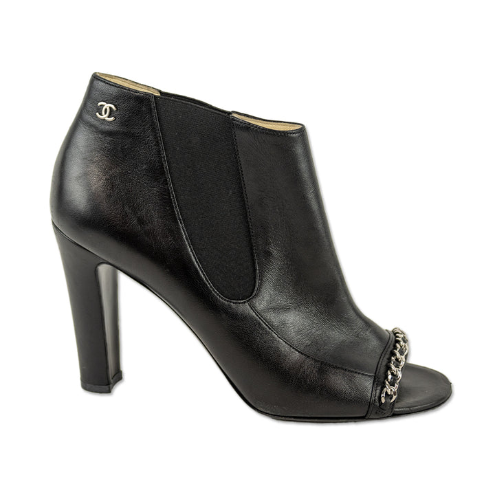 Chanel Black Leather Chain Peep Toe Chelsea Booties